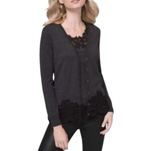 White House Black Market Charcoal Cardigan with Black Lace